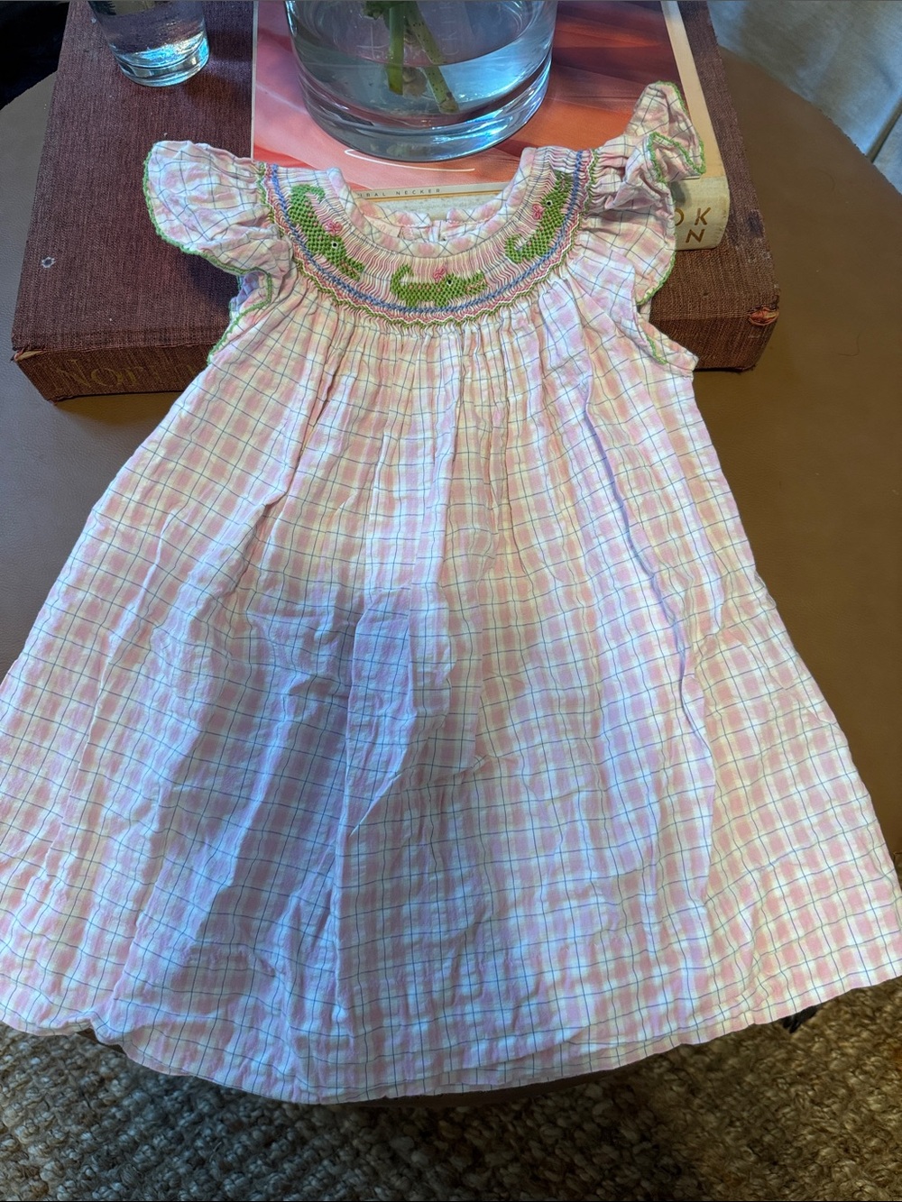 Pink Plaid Smocked Baby Dress with Green alligator Embroidery